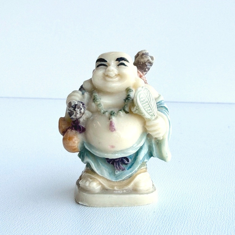 Vintage Laughing Buddha Miniature Figurine Resin Feng Shui Yoga